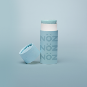 Sky blue Noz natural, vegan sunscreen in product packaging 